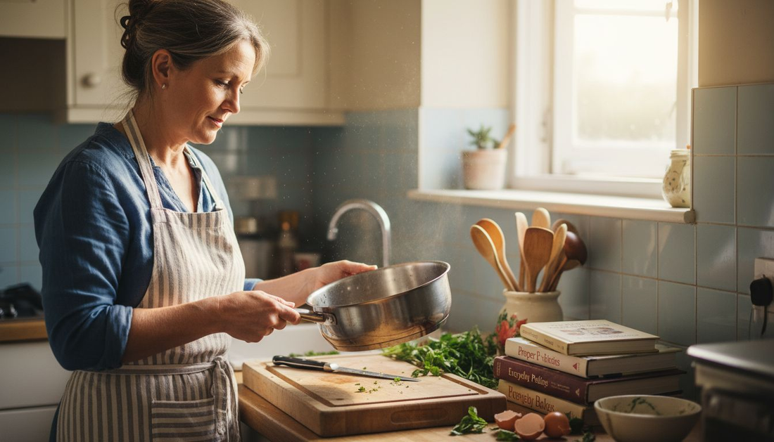 Cook inspecting stainless steel cookware in kitchen