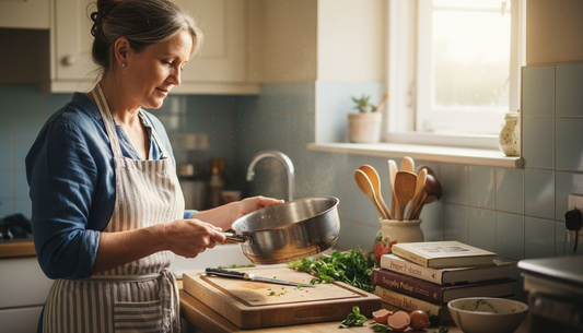 Cook inspecting stainless steel cookware in kitchen