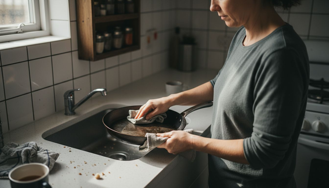 Woman cleaning carbon steel pan at kitchen counter