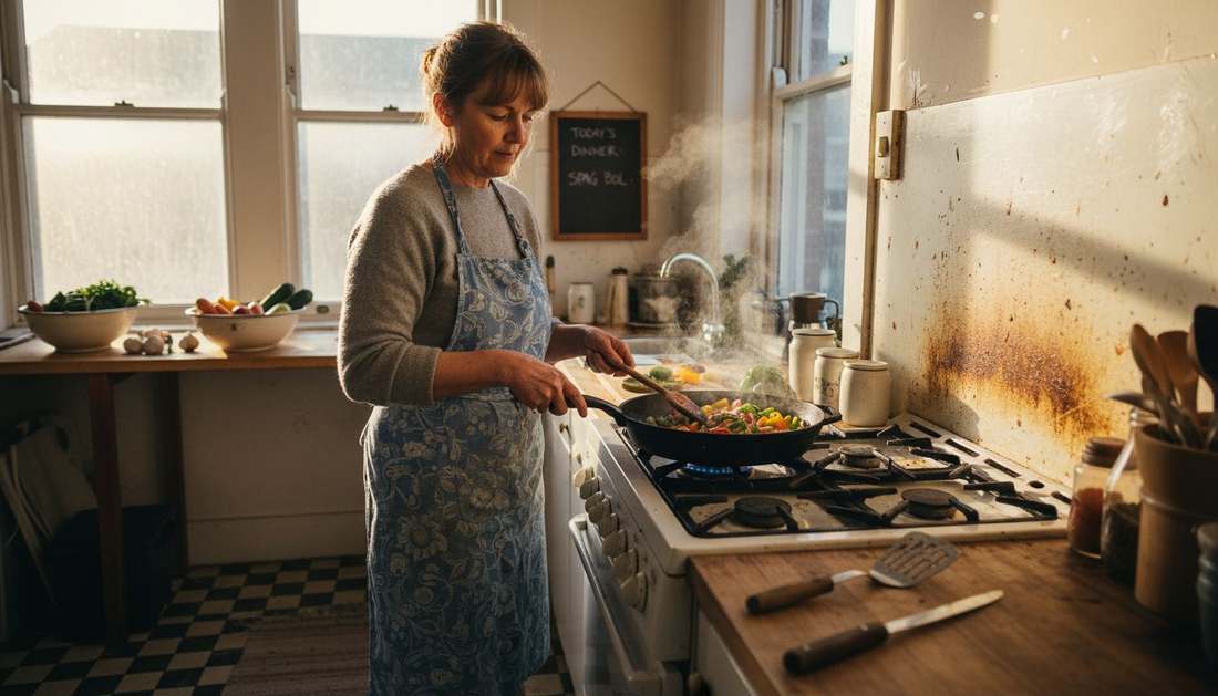 Cook using cast iron sauté pan in kitchen