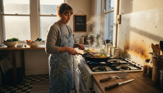 Cook using cast iron sauté pan in kitchen