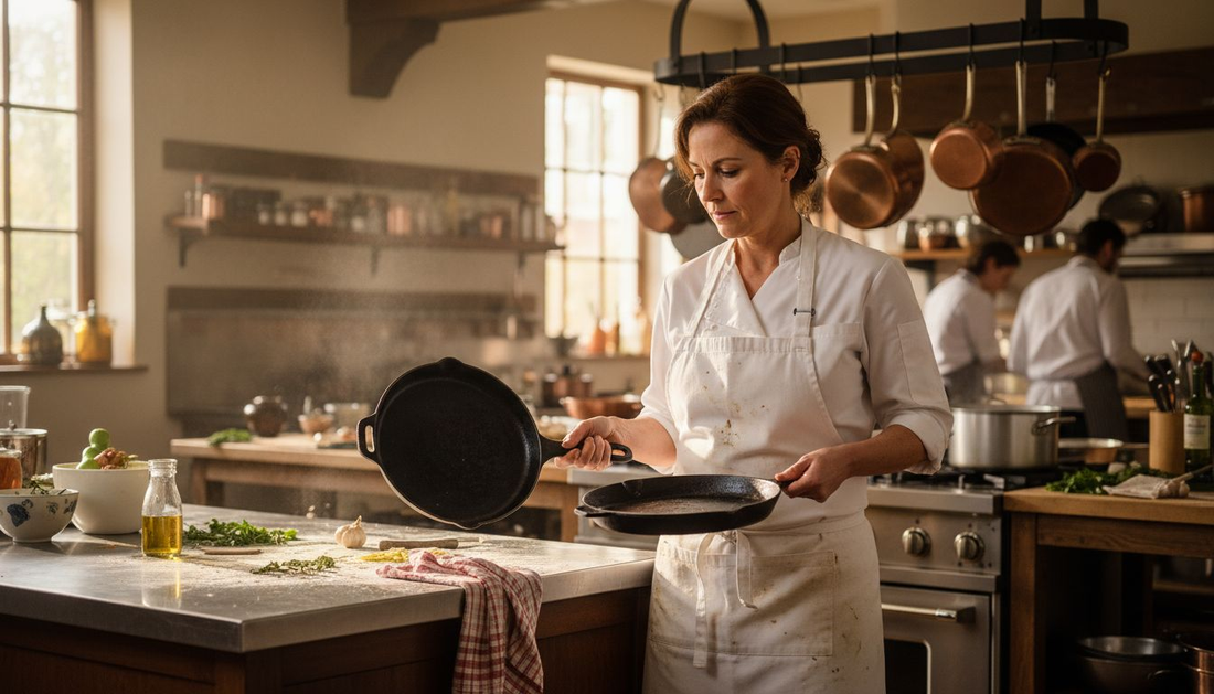 Chef holding carbon steel and cast iron griddles