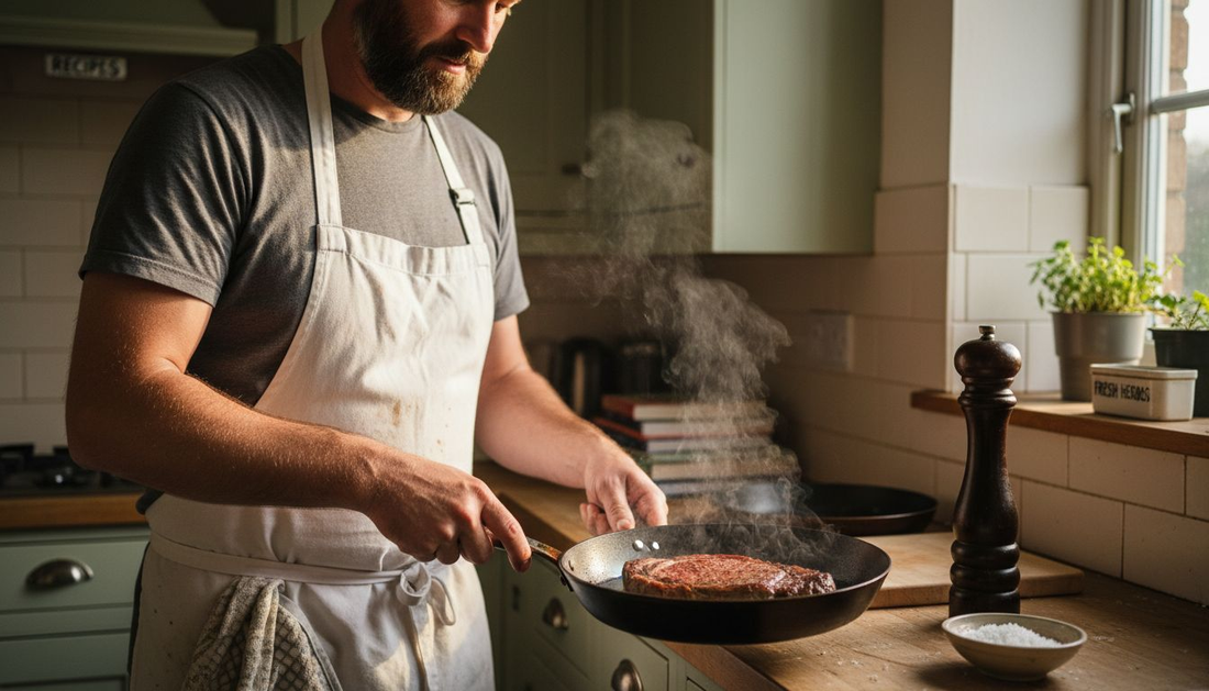 Chef flipping steak in carbon steel pan