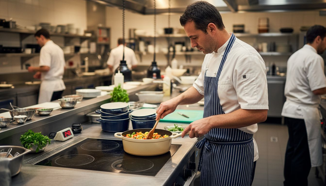 Chef cooking with ceramic induction pan