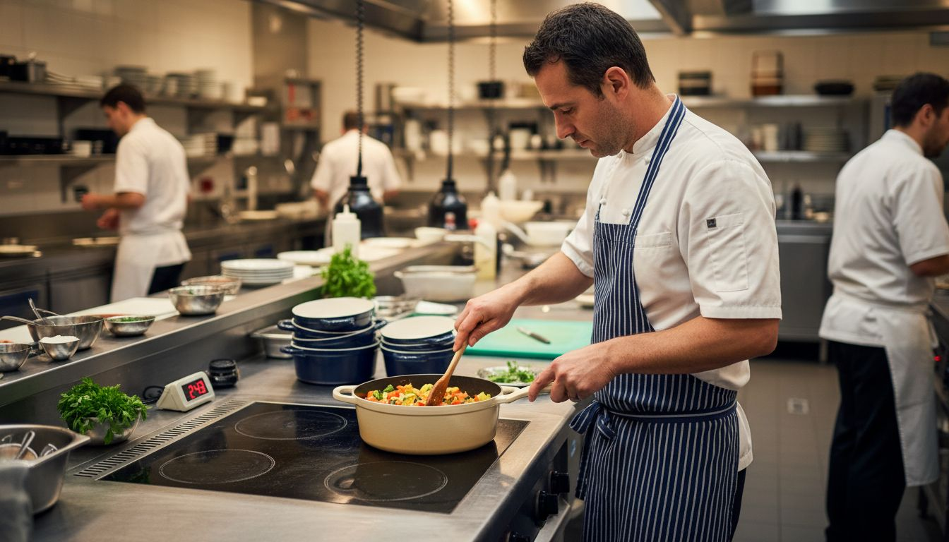 Chef cooking with ceramic induction pan