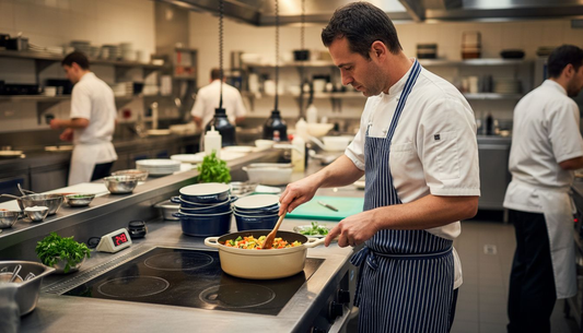 Chef cooking with ceramic induction pan