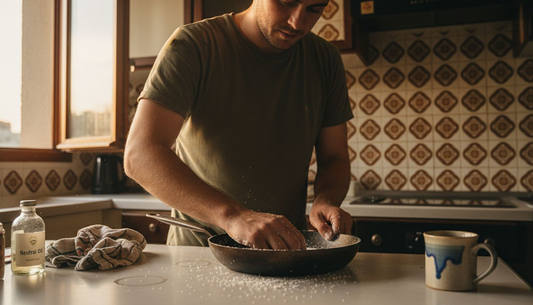 Man scrubbing rust from carbon steel pan