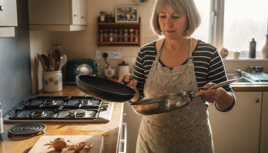 Cook comparing forged and stamped pans