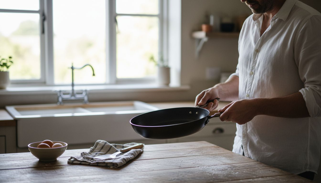 Cook examining carbon steel pan in kitchen