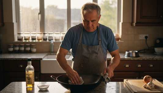 Cook oiling carbon steel wok in kitchen