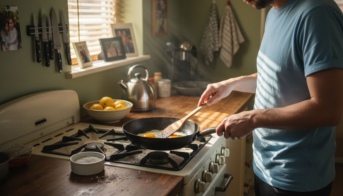 Home cook using carbon steel skillet at stove