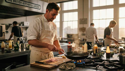 Chef holding carbon steel pan in kitchen