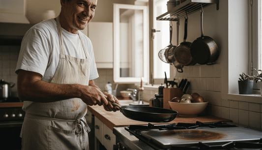 Chef holding carbon steel pan in kitchen