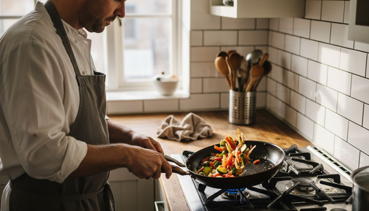 Chef using carbon steel frying pan on stove