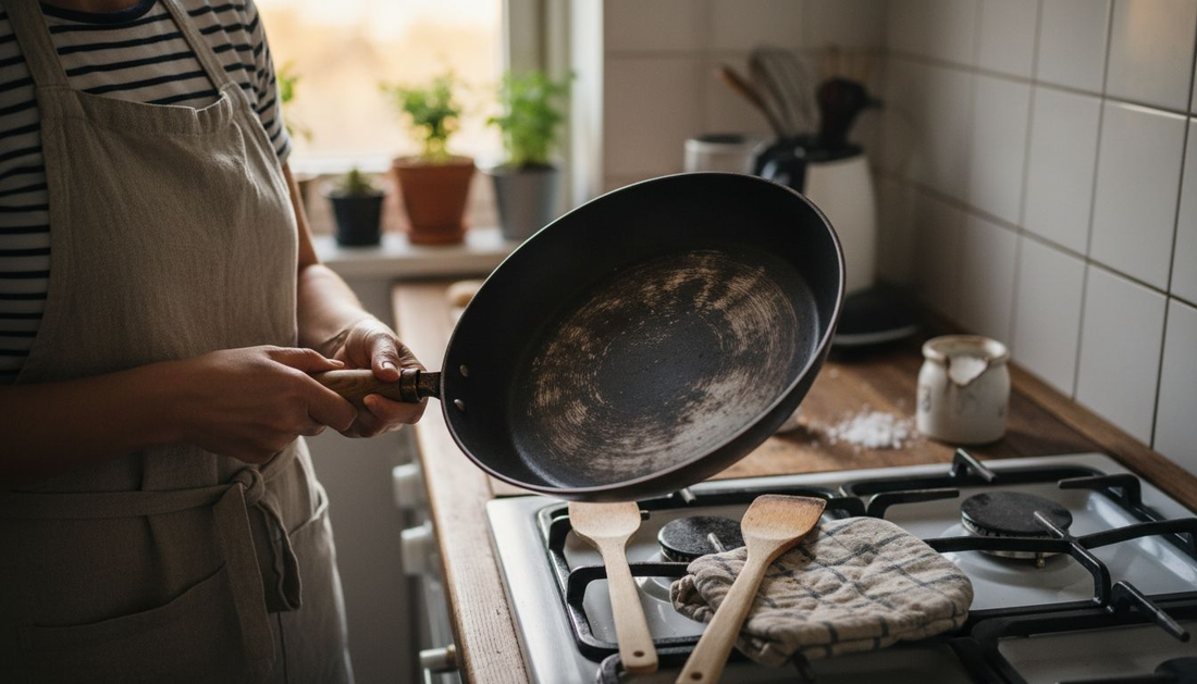 Cook holding seasoned carbon steel pan