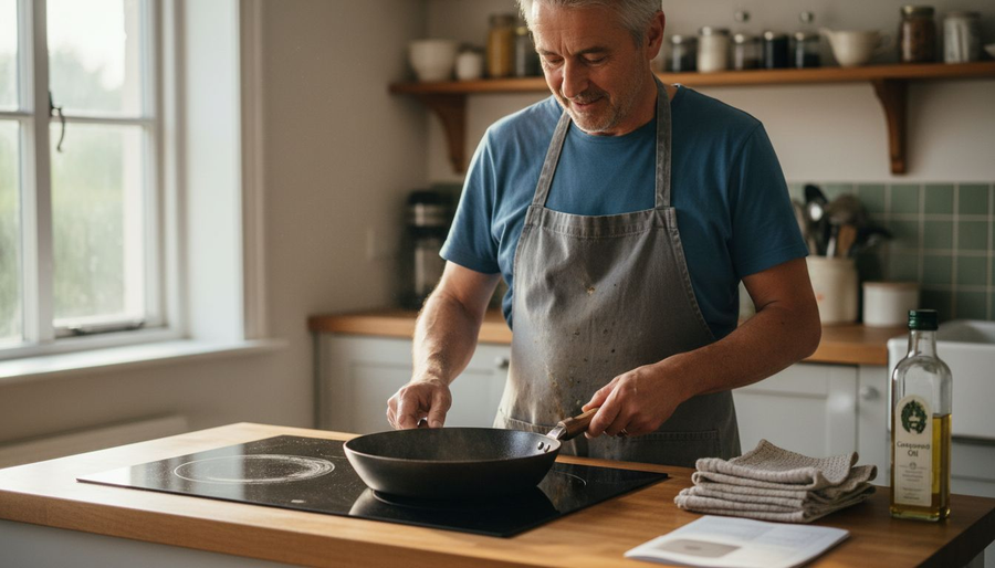 Cook prepares carbon steel pan on induction