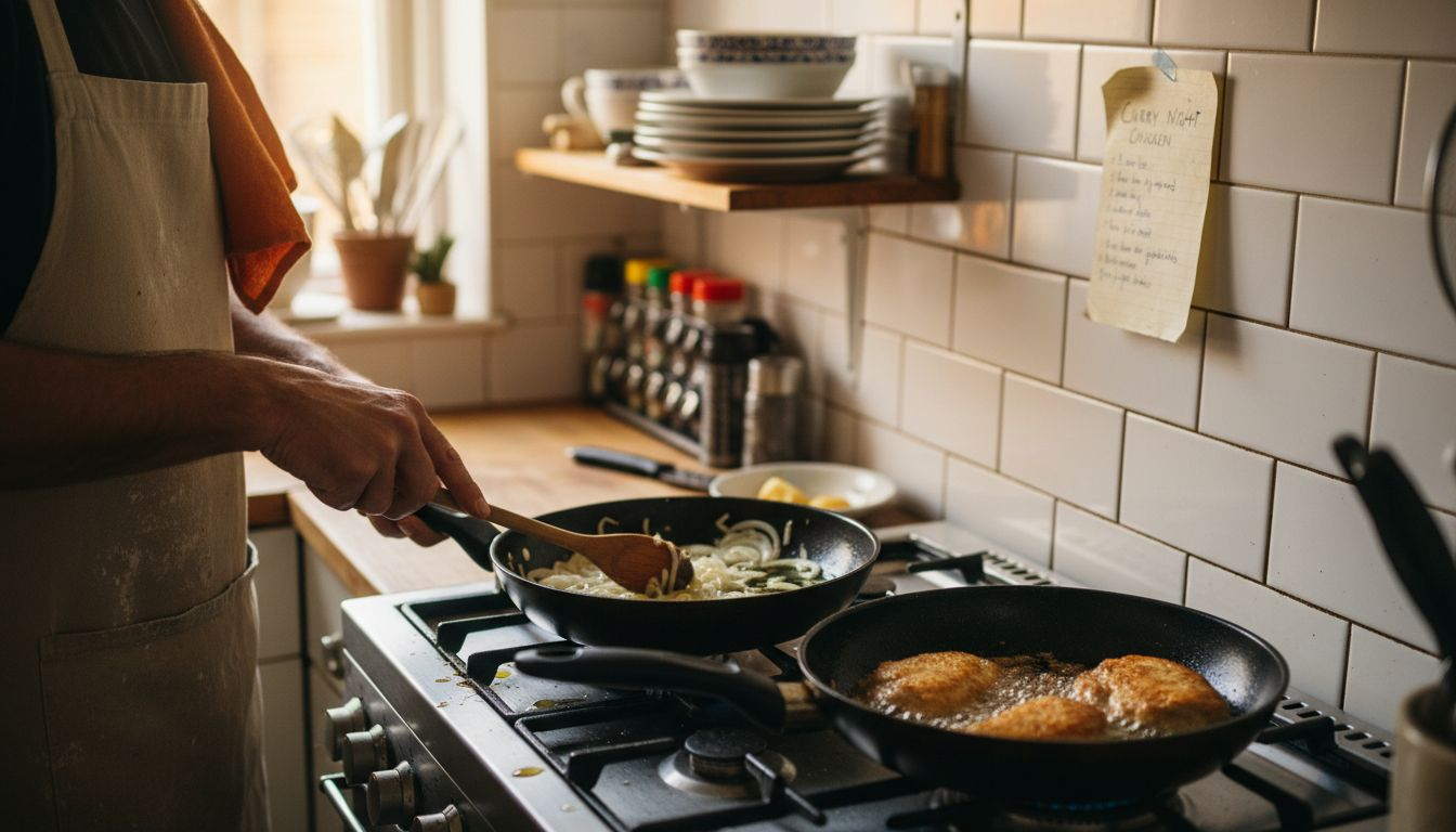 Cook demonstrating sauté and frying techniques