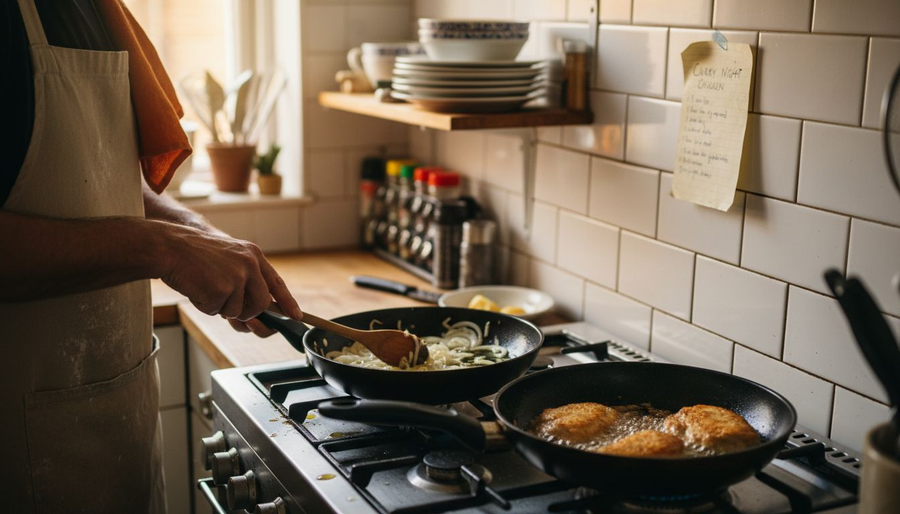 Cook demonstrating sauté and frying techniques