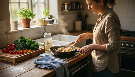 Cook using seasoned nonstick pan in sunny kitchen