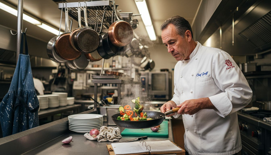 Chef cooking with carbon steel pan in kitchen