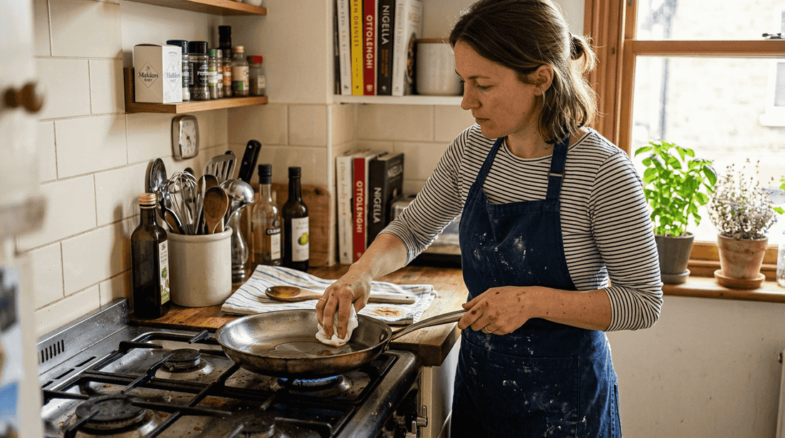 Cook oiling stainless steel pan in kitchen