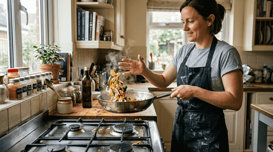 Chef flipping food in stainless steel pan