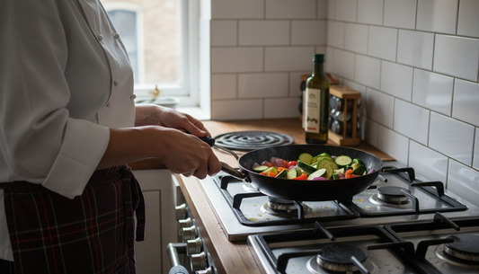Chef cooking in carbon steel pan on stove