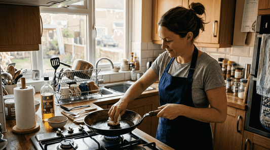 Home cook oiling carbon steel pan