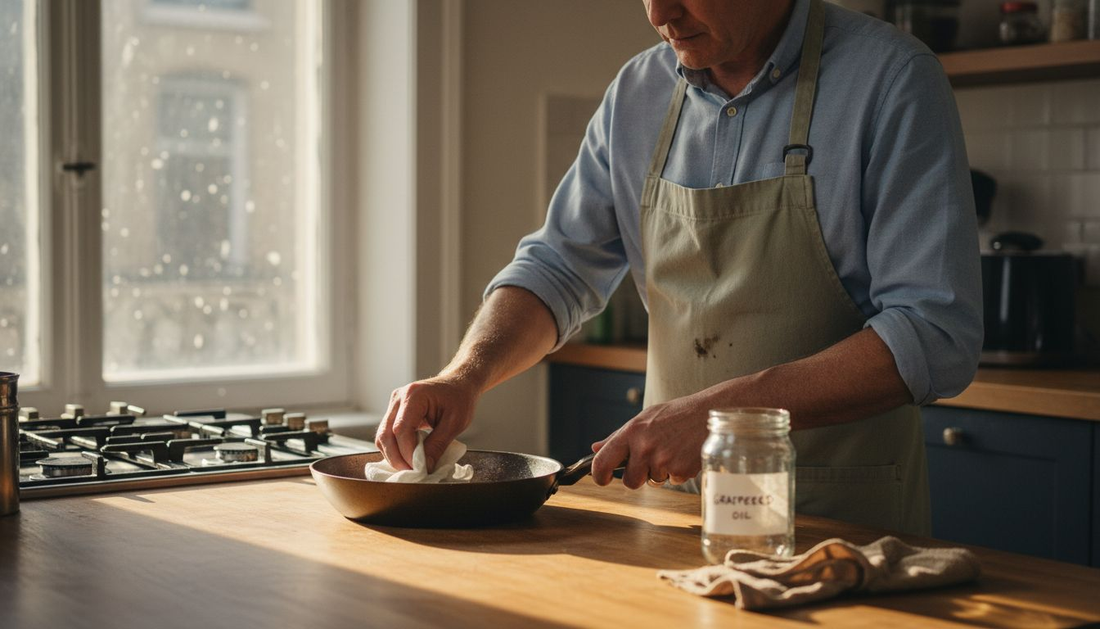 Cook applying oil to carbon steel pan