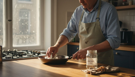 Cook applying oil to carbon steel pan