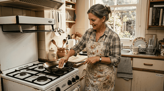 Cook oiling carbon steel pan in kitchen