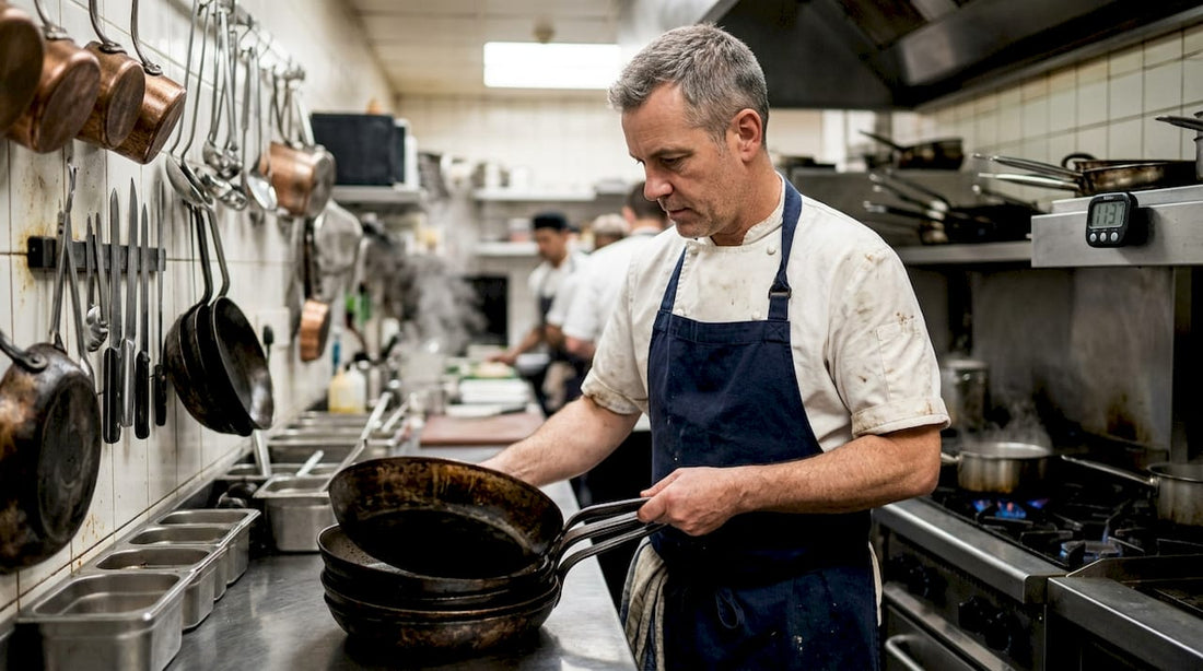 Chef inspecting carbon steel pans in kitchen