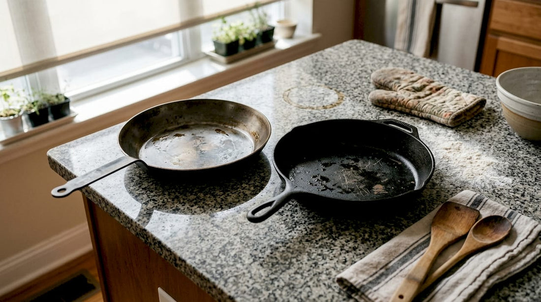 Carbon steel and cast iron pans side by side