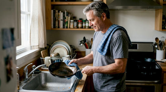 Drying carbon steel pan in home kitchen