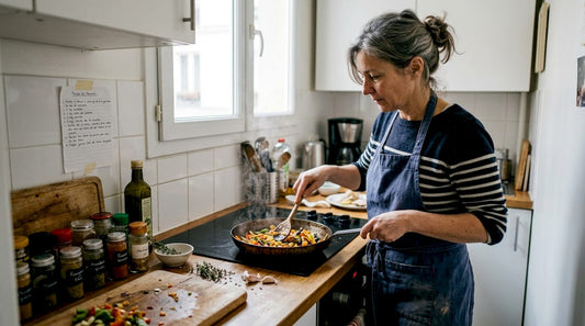 Cook using carbon steel pan in European kitchen