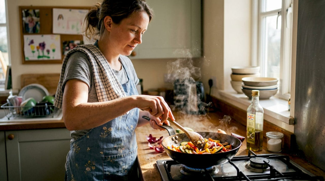 Home cook using carbon steel pan on stove
