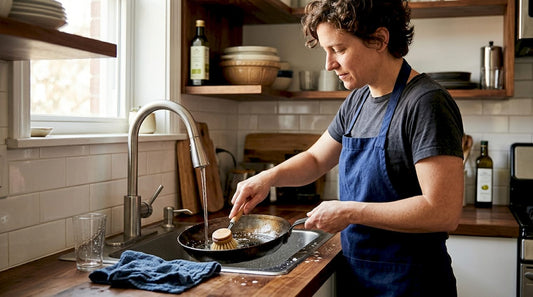 Cleaning carbon steel pan at kitchen sink