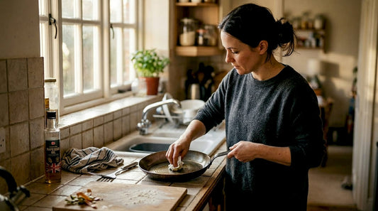 Person seasoning carbon steel skillet in kitchen