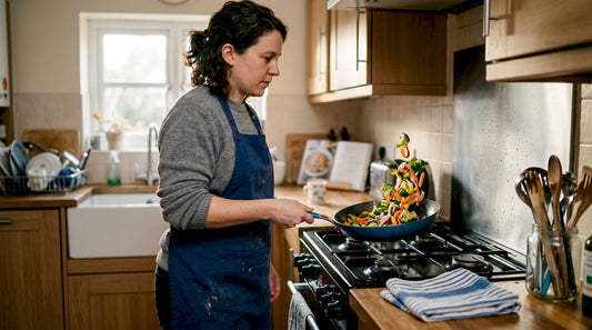 Home cook using blue carbon steel pan