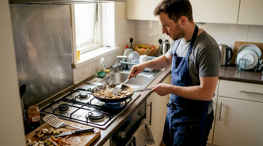 Cook sautéing mushrooms in carbon steel pan