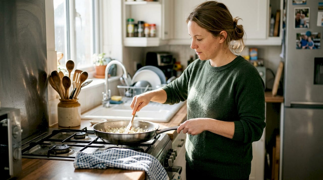Home cook using stainless steel fry pan at stove