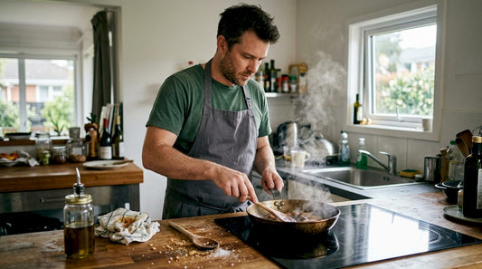 Chef using carbon steel pan on induction