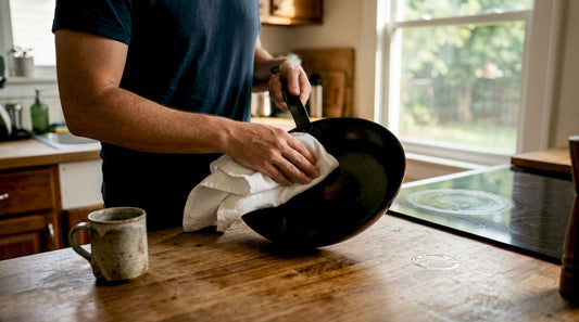 Drying carbon steel pan with towel in kitchen