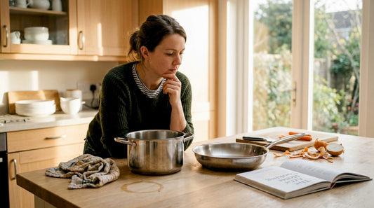 Home cook comparing pot and pan on kitchen island