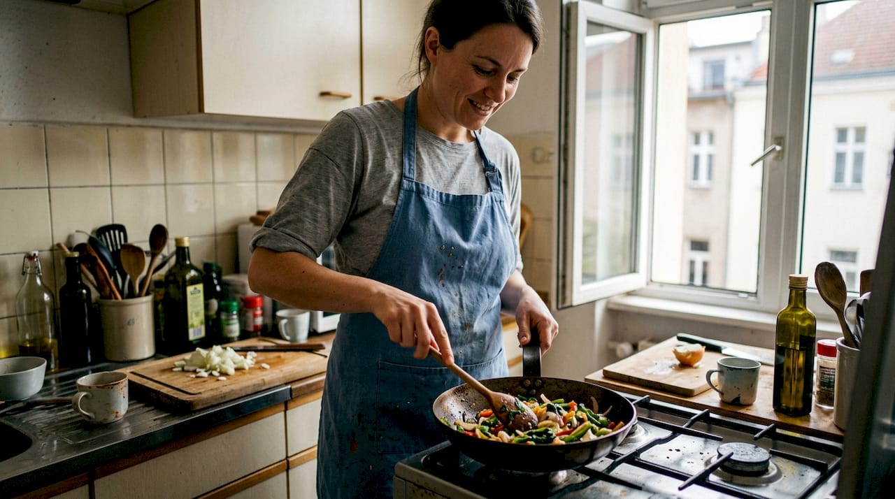 Home cook using carbon steel pan on stove