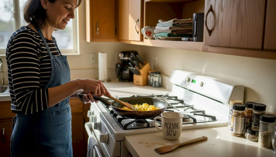 Woman cooking with PTFE non-stick pan