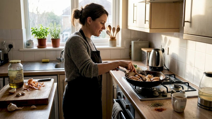 Home cook browning food in carbon steel pan