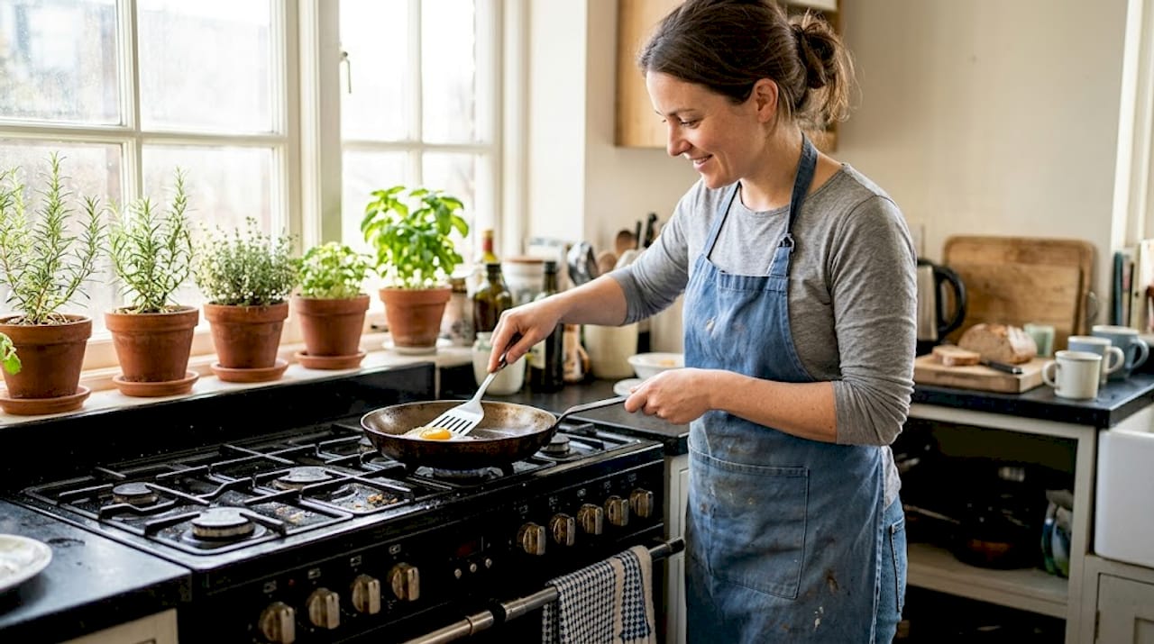 Home cook using seasoned carbon steel pan