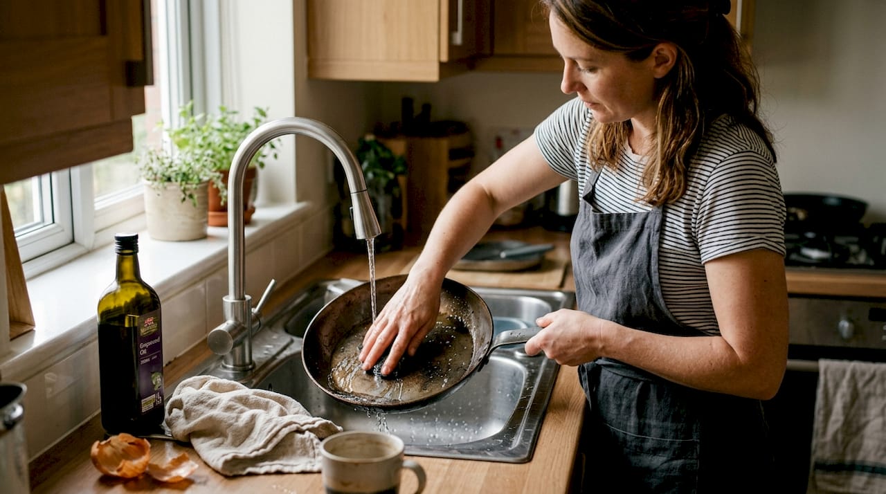 Cook cleaning carbon steel pan at stove