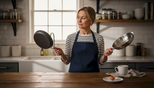 Home cook comparing two frying pans